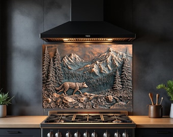 Copper Look Alone Wolf Glass Backsplash for Modern Kitchen Decor Splashback Stove Back Cover Tempered Glass Wall Art Backsplash for Stove