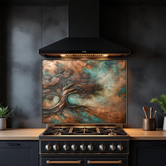 Tempered Glass Kitchen Backsplash Tree of Life Backsplash, Heat Resistant Stove Splash Guard Custom Size Glass Wall Panel Easy Install Clean