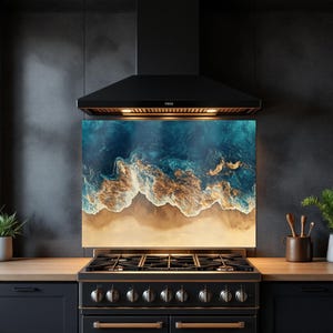 Ozean-Strand-Kunst-Küchen-Aufmalung Küstenwellen-Glasaufkantung gehärtetes Glas-Herd-Spritzschutz-benutzerdefinierte Glaswand-Platten-rustikaler Ofen