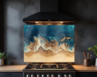 Ocean Beach Artwork Kitchen Backsplash Coastal Waves Glass Backsplash Tempered Glass Stove Splash Guard Custom Glass Wall Panel Rustic Stove