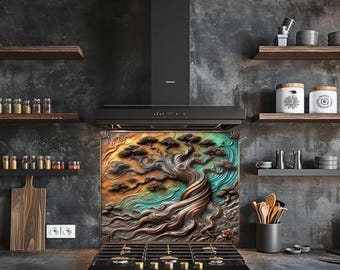 Kitchen Backsplash Tree of Life Tempered Glass Backsplash Behind Stove Splashback Stove Back Cover Glass Backsplash for Kitchen Rustic Stove