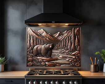 Copper Look Bear in the Forest Glass Backsplash Tempered Glass Kitchen Backsplash Stove Splash Guard Custom Glass Wall Panel Rustic Stove
