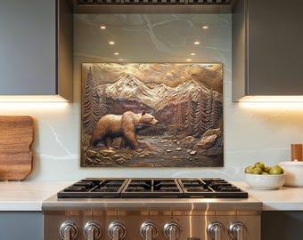 Bear Forest Scene Tempered Glass Kitchen Backsplash - Rustic Behind Stove Panel, Heat Resistant Stove Splash Guard, Modern Cabin Decor