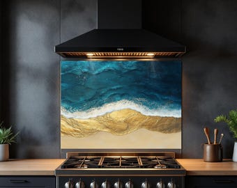 Ocean Beach Glass Backsplash Deep Blue and Turquoise Water Tempered Glass Kitchen Backsplash Stove Splash Guard Custom Glass Wall Panel