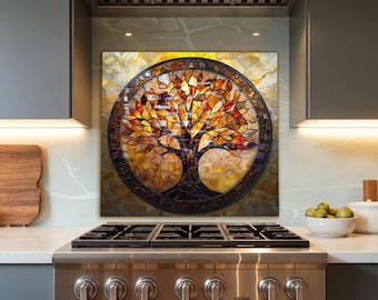 Tempered Glass Backsplash Life of Tree Backsplash Tiles Glass Backsplash for Kitchen Decor Backsplash Behind Stove Back Cover Rustic Stove