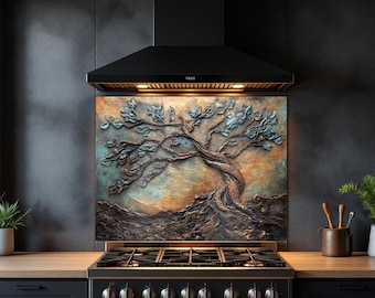 Tree of Life Glass Backsplash Modern Kitchen Decor Glass Panel Tempered Glass Kitchen Backsplash Stove Splash Guard Custom Glass Wall Panel