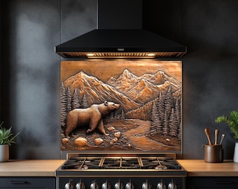 Copper Bear Creek Glass Backsplash for Kitchen Decor Splashback Tempered Glass Kitchen Backsplash Tile Stove Back Cover Stove Wall Protecto