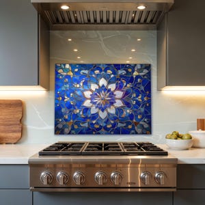 Dosseret de cuisine en verre trempé mosaïque florale bleu roi, dosseret de cuisine en verre, dosseret de cuisine derrière le poêle dosseret rustique