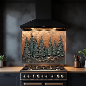 Copper Look Evergreen Trees Glass Backsplash for Modern Kitchen Decor Splashback Stove Back Cover Tempered Glass Wall Art Backs Rustic Stove