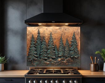 Copper Look Evergreen Trees Glass Backsplash for Modern Kitchen Decor Splashback Stove Back Cover Tempered Glass Wall Art Backs Rustic Stove