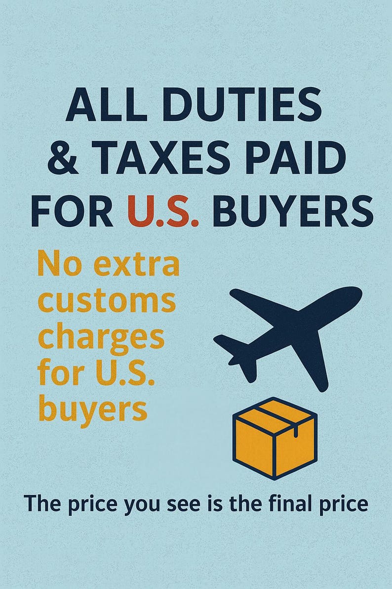 The image is a poster advertising customs charges for U.S. buyers, stating that no extra customs charges are paid for U.S. buyers.
