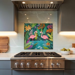 Dosseret de cuisine Flamants roses dans la couverture arrière de la cuisinière tropicale