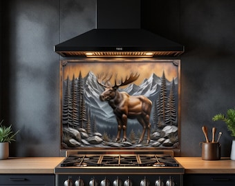 Woodland Deer in the Mountain Glass Backsplash Tempered Glass Kitchen Backsplash Stove Splash Guard Custom Glass Wall Panel Rustic Stove
