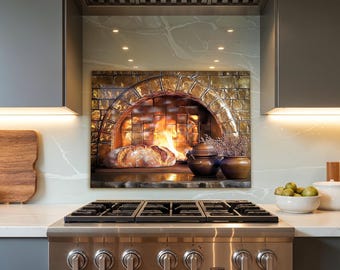 Tempered Glass Backsplash Rustic Brick Oven Kitchen Backsplash Behind Stove Glass Backsplash for Kitchen Decor Stove Back Cover Rustic Stove