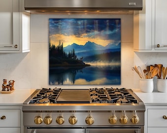 Serene Mountain Landscape at Twilight Glass Kitchen Stove Backsplash Tempered Glass Kitchen Backsplash Behind Stove Rustic Stove Backsplash