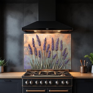 Lavender Flowers Glass Backsplash for Kitchen Modern Kitchen Decor Splashback Stove Back Cover Tempered Glass Wall Art Backsplash for Stove