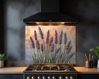 Lavender Flowers Glass Backsplash for Kitchen Modern Kitchen Decor Splashback Stove Back Cover Tempered Glass Wall Art Backsplash for Stove