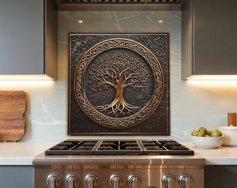 Tree of Life Glass Kitchen Backsplash Heat Resistant Tempered Glass Backsplash for Kitchen Backsplash Behind Stove Rustic Stove Backsplash