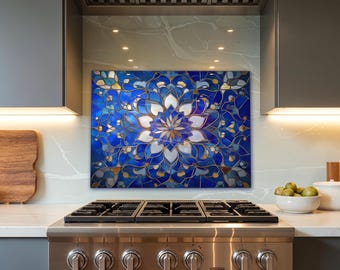Royal Blue Floral Mosaic Tempered Glass Kitchen Backsplash, Glass Kitchen Stove Backsplash Kitchen Backsplash Behind Stove Rustic Backsplash