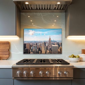 Dosseret de cuisine, couverture arrière de poêle Empire State Building, verre trempé, art mural, couvercle supérieur de poêle à gaz derrière la cuisinière, dosseret rustique
