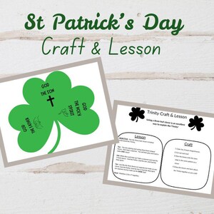 Peut inclure: Un bricolage et une leçon sur le thème de la Saint-Patrick pour les enfants. Le bricolage utilise un trèfle à trois feuilles pour représenter la Sainte Trinité. La leçon explique le concept de la Trinité.