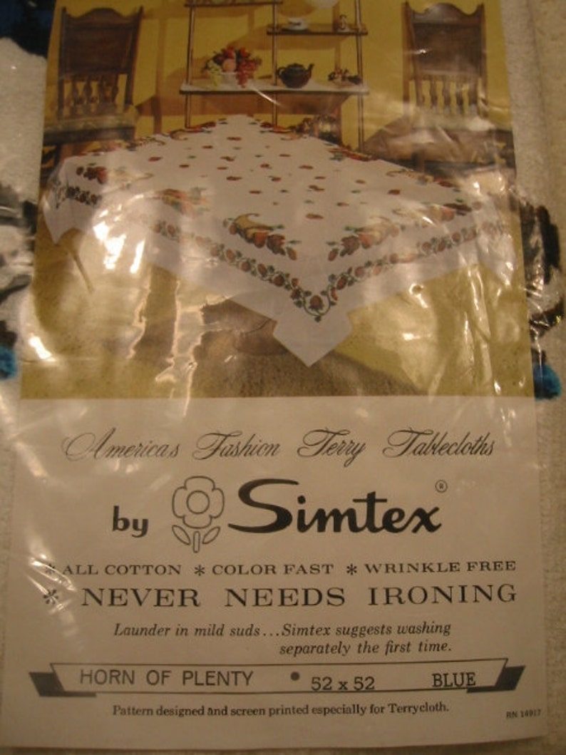 vintage all cotton terry cloth tablecloth by Simtex . . . "Horn of Plenty" . . . new in package . . . 52" X 52" . . . made in the USA image 3