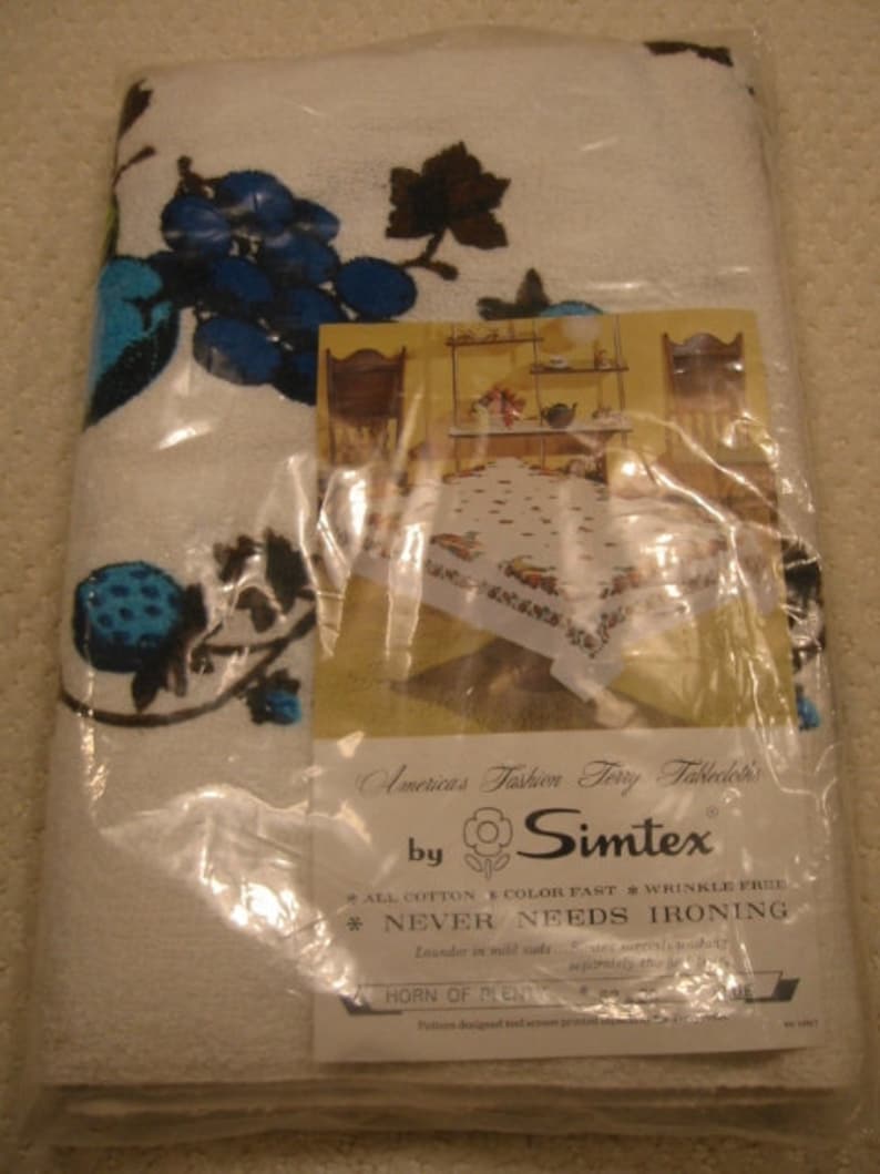 vintage all cotton terry cloth tablecloth by Simtex . . . "Horn of Plenty" . . . new in package . . . 52" X 52" . . . made in the USA image 1