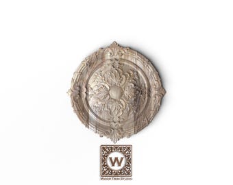 Elegant Round Hardwood Onlay with Central Flower – Vintage Carved Decoration