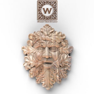 Woodland Guardian Onlay – Carved Wood Oak Leaf Face Ornament