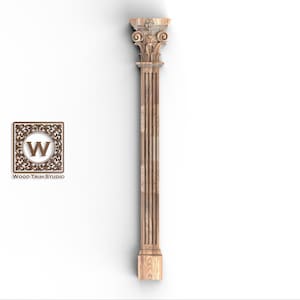May include: A detailed, wooden column with a classical design. The column features a decorative capital, a fluted shaft, and a base. The Wood Trim Studio logo is visible in the image. The column is a light brown colour.