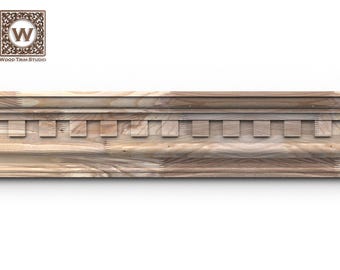 Cornisa dentada: moldura de cornisa de madera con juntas dentadas y detalle de bloque cuadrado.