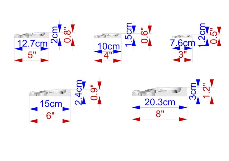 five different measurements or dimensions, each represented by a blue and red scale. The measurements are in centimeters and are labeled with the corresponding scale. The image is a collage of five separate images, each depicting a different measurement. The image does not contain any redundancy or vague descriptions, and it does not include any phrases like 'The image depicts', 'The image displays', 'The image shows', 'In the image', 'The image captures', or 'The image features'.