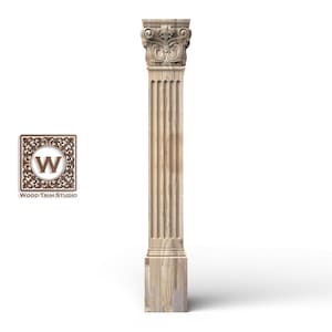 May include: A carved wooden column with a detailed capital and fluted shaft. The column is light brown and stands on a square base. The Wood Trim Studio logo is in the corner.