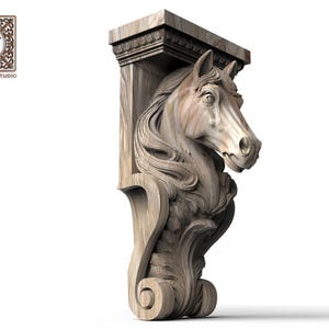 May include: A carved wooden horse head sculpture, part of a decorative architectural element. The sculpture features detailed carving of the horse's mane and face, with a rectangular top and ornate base. The Wood Trim Studio logo is in the upper left corner.