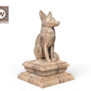 May include: A wooden sculpture of a dog, sitting upright on a tiered base. The dog has pointed ears and a detailed fur texture. The sculpture is made of light-colored wood and is set against a white background.