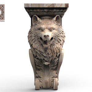 May include: A carved wooden architectural element featuring a snarling wolf's head. The sculpture is light brown with detailed textures, and the Wood Trim Studio logo is visible in the upper left corner.