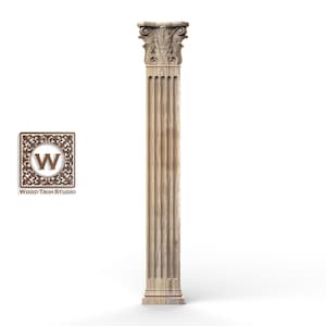May include: A carved wooden column with a detailed capital and fluted shaft. The column is light brown and stands on a square base. The Wood Trim Studio logo is in the image.