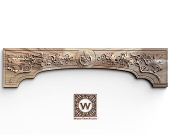 Decorazione in legno con foglie di quercia e ghiande intarsiate e curve