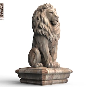 May include: A detailed wooden lion statue, seated on a decorative base. The lion has a flowing mane and is carved with intricate detail. The base is a square shape with a layered design. The Wood Trim Studio logo is in the upper left corner.