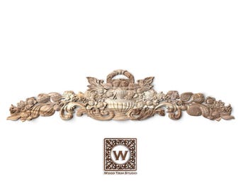 Classic Carved Wood Applique | Ornamental Basket of Roses and Leaves for Interior Decor
