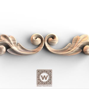 May include: A symmetrical wooden decorative scroll with a light brown finish. The design features stylized leaves and a central swirl. The logo of "Wood Trim Studio" is at the bottom.