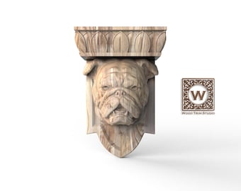 Carved Bulldog Corbel, Decorative Wooden Bracket for Mantel Shelf Interior Design