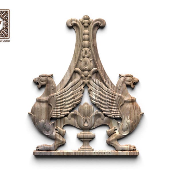 Crafted Wooden Ornament – Double Griffin Architectural Accent