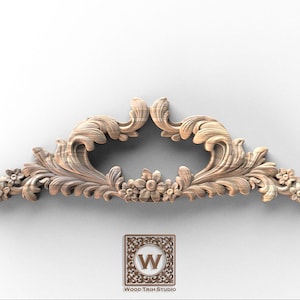 May include: A carved wooden decorative architectural element with floral and leaf designs. The piece has a symmetrical shape with a central floral cluster and is likely for furniture or interior design.