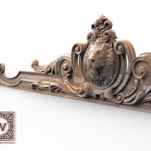 Frontone con testa di leone intarsiato in legno – Rifinitura in legno intagliato architettonico per l'interior design