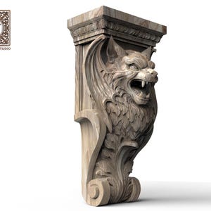 May include: A carved wooden corbel depicting a snarling wolf head with detailed fur and wings. The corbel is light brown with a rectangular top and decorative scrollwork. The Wood Trim Studio logo is in the upper left corner.