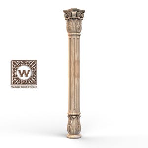 May include: A carved wooden column with ornate detailing at the top and bottom. The column is light brown and features vertical grooves along its length. The Wood Trim Studio logo is in the lower left corner.