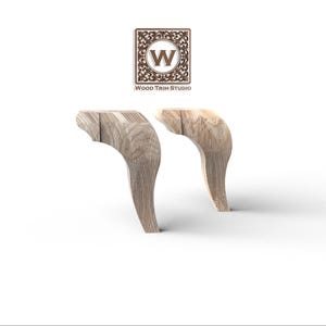 May include: Two unfinished wooden furniture legs with a curved design, set against a white background. The legs are light brown and have a natural wood grain. The Wood Trim Studio logo is above the legs.