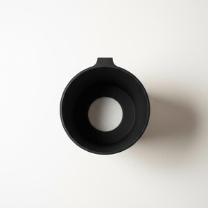 May include: A matte black cylindrical object viewed from directly above, featuring a wide circular opening with a smaller centered circular aperture and a small protruding tab on the upper rim, creating a hollow, bowl-like structure.