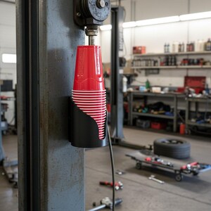 May include: A black plastic cup dispenser mounted to a metal pillar, holding a stack of red plastic cups with white rims. The dispenser has a curved, open-front design that secures the cups in a vertical column for easy access in a workspace.